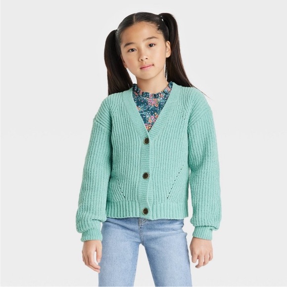 NWT Button-Front Cardigan Sweater in Ocean Green with Silver Metallic Thread - Picture 1 of 4